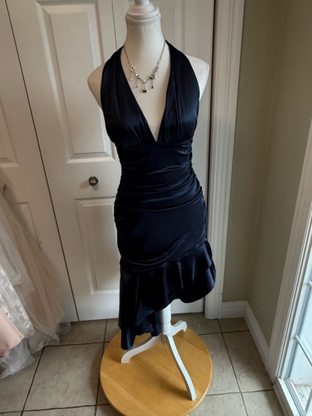 Morgan & Co. Navy Satin Halter Asymmetrical Ruffle Dress - Picture 5 of 14